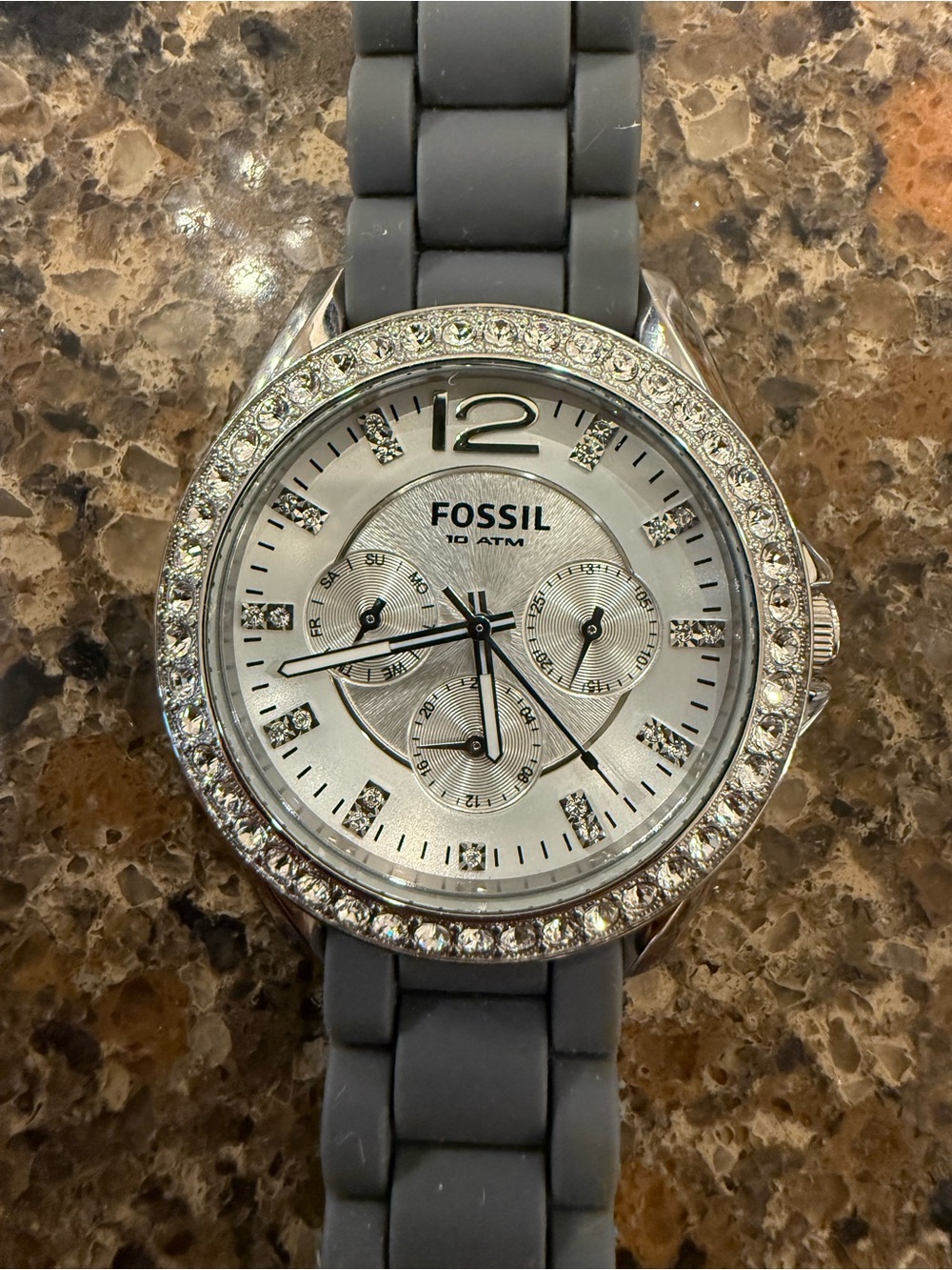 Fossil Women’s chronograph watch, stainless steel with white dial. NWOT